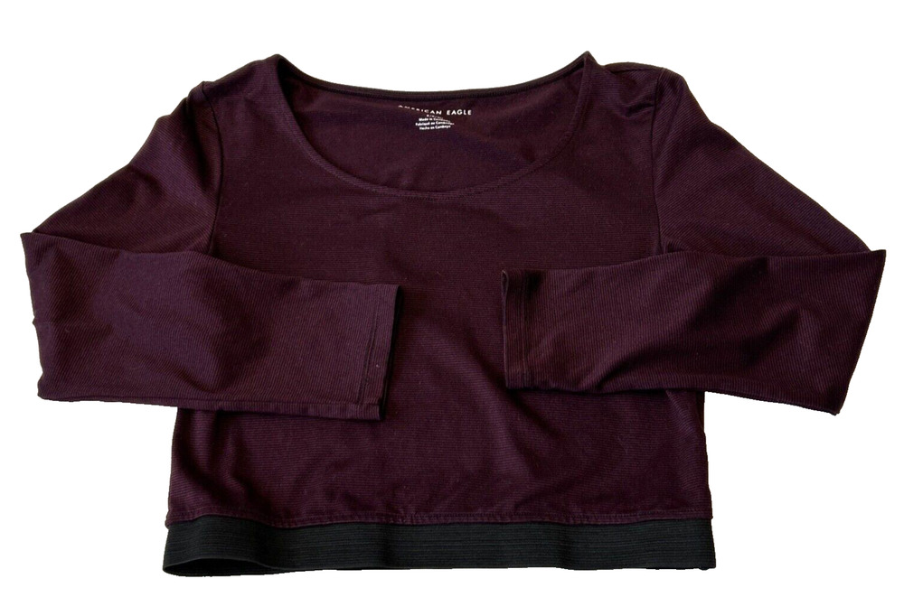 American Eagle Womens Crop Top Sz. S Maroon 3/4 Sleeve Elastic Waist Striped